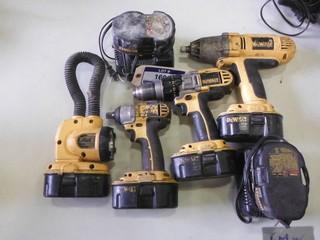 Dewalt (2) Cordless Impact Drivers, (1) Drill, (1) Flashlight, 18V c/w 6 batteries, 2 chargers