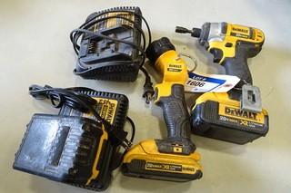 Dewalt (1) Cordless Impact Driver, (1) Cordless Flashlight18V c/w 5 batteries and 2 chargers