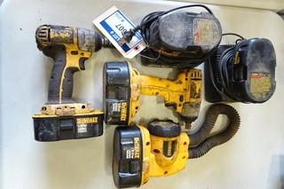 Dewalt (2) Cordless Impact Drivers,  (1) Flashlight, 18V c/w 5 batteries, 2 chargers