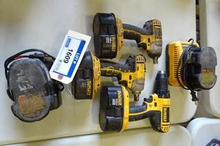 Dewalt (2) Cordless Impact Wrenches, (1) Cordless Drill, 18V c/w 5 Batteries and 2 Chargers