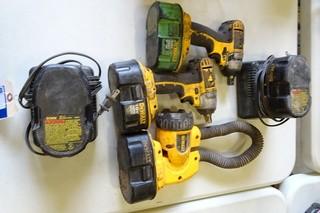 Dewalt (2) Cordless Impact Wrenches, (1) Flashlight, 18V c/w 5 Batteries and 2 Chargers