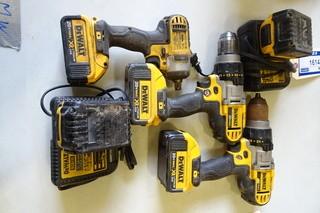 Dewalt (1) Cordless Impact Wrench, (2) Cordless Drills, 20V c/w 5 batteries and 2 chargers