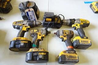 Dewalt (2) Cordless Drills, (2) Cordless Impact Wrenches, 18V & 20V c/w 6 batteries and 2 chargers