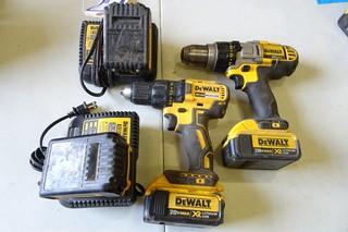 Dewalt (2) Cordless Drills 20V, c/w 4 batteries and 2 chargers