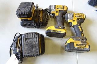 Dewalt (1) Cordless Impact Driver, (1) Cordless Impact wrench, 20V, c/w 4 batteries and 2 chargers