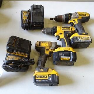 Dewalt (1) Cordless Impact wrench, (2) Cordless Drills, 20V c/w 5 batteries and 2 chargers