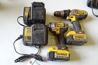 Dewalt (1) Cordless Impact wrench, (1) Cordless Drill, 20V c/w 4 batteries and 2 chargers