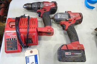 Milwaukee (1) Cordless Impact Wrench, (1) Cordless Drill, 18V, c/w 1 battery and 1 charger