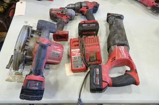 Milwaukee (1) Cordless Reciprocating Saw, (1)- Cordless Skill Saw, (1) Cordless Impact Wrench (1) Cordless Drill 18V c/w 2 batteries and 2 chargers