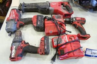 Milwaukee (1) Cordless Impact Wrench, (1) Cordless Reciprocating Saw, (2) Cordless Drills, 18V, c/w 2batteries and 2 chargers