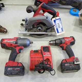 Milwaukee (1) Cordless Impact Wrench, (1) Cordless Skill Saw, (1) Cordless Drill, 18V, c/w 2batteries and 1 chargers