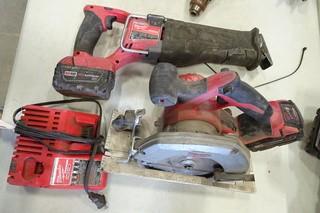 Milwaukee (1) Cordless Reciprocating Saw, (1) Cordless Skill Saw, (1) Cordless Grinder, 18V, c/w 2 batteries and 2 chargers