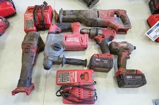 Milwaukee (1) Cordless Hammer Drill, (1) Cordless Skill Saw, (1) Cordless Impact Driver,(1) Cordless Drill 18V, c/w 2 batteries and 2 chargers