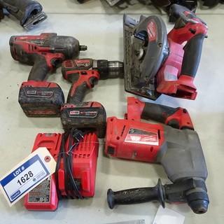 Milwaukee (1) Cordless Hammer Drill, (1) Cordless Skill Saw, (1) Cordless Impact Wrench,(1) Cordless Drill 18V, c/w 2 batteries and 1 charger