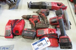 Milwaukee (1) Cordless Reciprocating Saw, (1) Cordless Skill Saw, (1) Cordless Impact Driver, (1) Cordless Drill 18V, c/w 3 batteries and 2 chargers