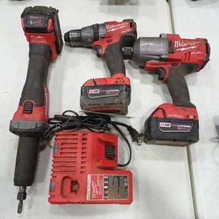 Milwaukee (1) Cordless Die Grinder, (1) Cordless Impact Wrench, (1) Cordless Drill, 18V c/w 3 Batteries and 1 Charger