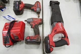 Milwaukee (1) Cordless Reciprocating Saw, (1) Cordless Impact Driver, (1) Cordless Impact Wrench 18V, c/w 3 batteries and 1 charger