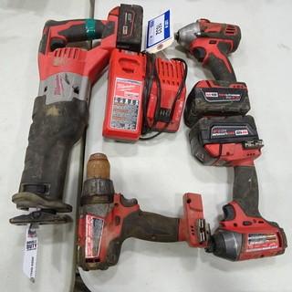 Milwaukee (1) Cordless Reciprocating Saw, (1) Cordless Impact Driver, (1) Cordless Impact Wrench, (1) Cordless Drill 18V, c/w 3 batteries and 1 charger