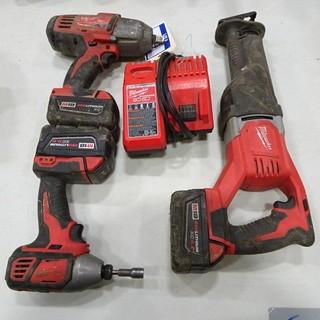 Milwaukee (1) Cordless Reciprocating Saw, (1) Cordless Impact Wrench, (1) Impact Driver, 18V c/w 3 Batteries and 1 Charger