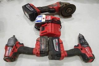 Milwaukee (1) Cordless Angle Grinder, (1) Cordless Impact Wrench, (1) Cordless Drill, 18V c/w 3 Batteries and 1 Charger