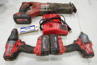 Milwaukee (1) Cordless Reciprocating Saw, (1) Cordless Impact Wrench, (1) Cordless Drill, 18V c/w 2 Batteries and 1 Charger