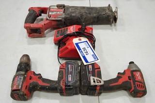 Milwaukee (1) Cordless Reciprocating Saw, (1) Cordless Impact Driver, (1) Cordless Drill, 18V c/w 2 Batteries and 1 Charger