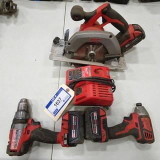 Milwaukee (1) Cordless Skill Saw, (1) Cordless Impact Driver, (1) Cordless Drill, 18V c/w 3 Batteries and 1 Charger