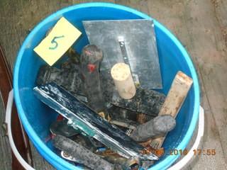 Bucket of Misc Tools. Trowel, hacksaw, wrenches