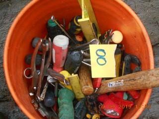 Bucket of Misc Tools. Hammers, level, wrenches