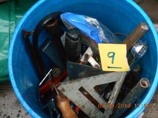 Bucket of Misc Tools. Square, hacksaw, pliers
