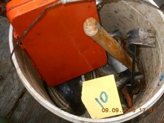 Bucket of Misc Tools. Square, pry bar wrench