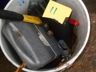 Bucket of Misc Tools. Hammer, drill bits