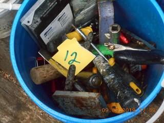 Bucket of Misc Tools. Hacksaw, hammer, drill bits