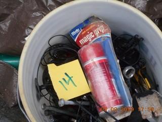 Bucket of Misc Tools. Pry bar, wrenches, pliers