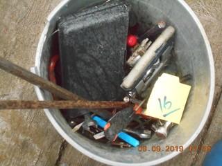 Bucket of Misc Tools. Drill bits, hammer, crescent wrench