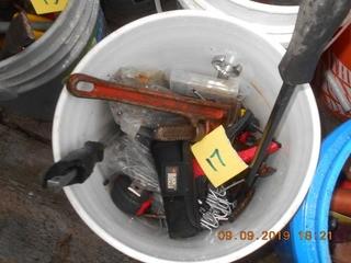 Bucket of Misc Tools. Pipe wrench, pry bar, wrenches