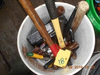 Bucket of Misc Tools. Roofing hammer, ball peen hammer, pipe cutter