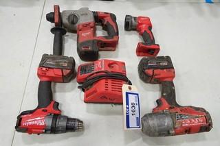 Milwaukee (1) Cordless Hammer Drill, (1) Cordless Impact Wrench, (1) Cordless Flashlight, (1) Cordless Drill, 18V c/w 2 batteries and 1 Charger.