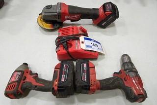 Milwaukee (1) Cordless Angle Grinder, (1) Cordless Impact Driver,  (1) Cordless Drill, 18V c/w 3 batteries and 1 Charger.