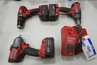 Milwaukee (1) Cordless Impact Driver. (2) Cordless Drills, 18V c/w 3 Batteries and 1 charger