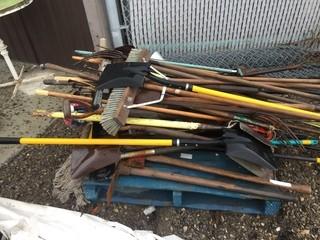 Pallet of Miscellaneous Garden Tools, Including Shovels, Pitchforks, Brooms, Etc.