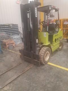 Clark GPX2SE 5000lb Forklift C/w LPG, 48in Forks, 3-Stage Mast. Showing 1696hrs. SN GPX230E112329367PB *Note: Item Cannot Be Removed Until 12:00Pm Sept 27 Unless Mutually Agreed Upon*