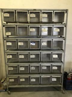 Shelving with 30 wire cage type drawers