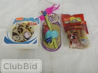 Lot of Assorted Pet Supplies: Toys, Treats, Tick Collars, Etc. 
