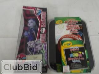 Lot of Monster High Dolls, Dual Sided Dry Erase Board & Crayons 
