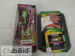 Lot of Monster High Dolls, Dual Sided Dry Erase Board & Crayons 
