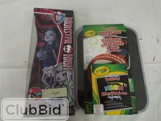 Lot of Monster High Dolls, Dual Sided Dry Erase Board & Crayons 
