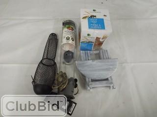 Lot of Assorted Bird Care Items, Wasp Trap & Wooden Decorative Table 
