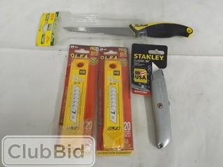 Lot of Assorted Cutting Tools: Including Drywall Saw, Utility Knife, Etc. 
