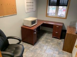 Office Desk C/w Rolling Chair, Shelf, Paper Shredder And Microwave